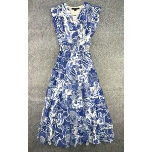 Cynthia Steffe Blue Floral Ruffle Midi Dress V-Neck Sleeveless Size S